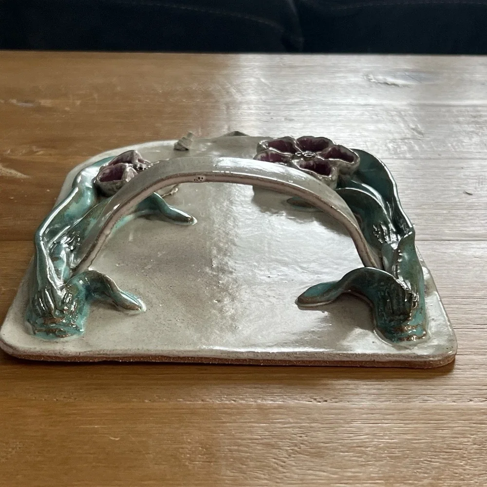 Handmade Studio Clay Art Wall Towel Holder 3D Floral Rack Rustic Artist Signed‎